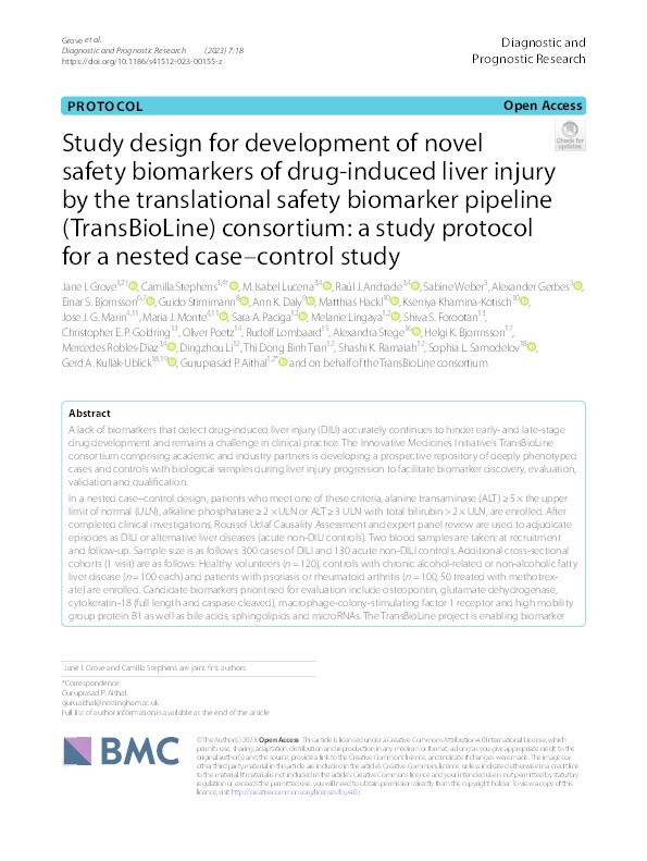 Study design for development of novel safety biomarkers of drug-induced liver injury by the translational safety biomarker pipeline (TransBioLine) consortium: a study protocol for a nested case–control study Thumbnail