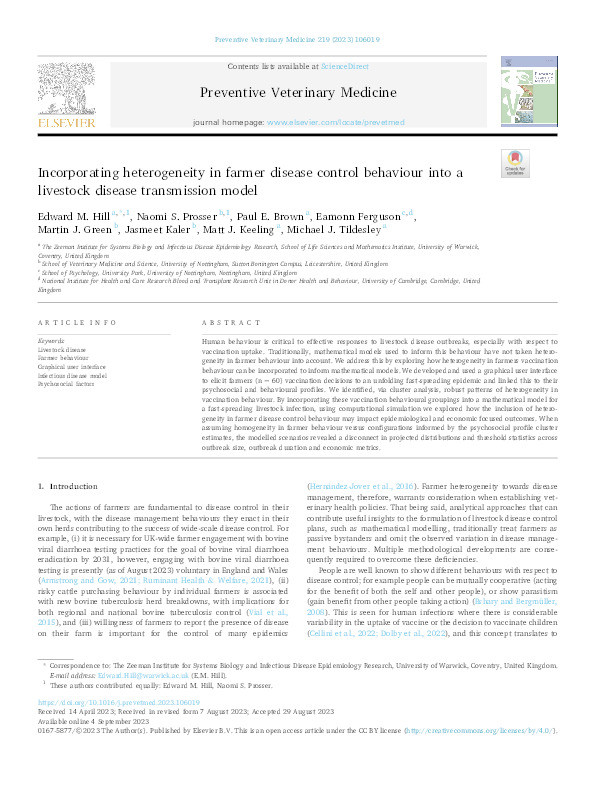 Incorporating heterogeneity in farmer disease control behaviour into a livestock disease transmission model Thumbnail