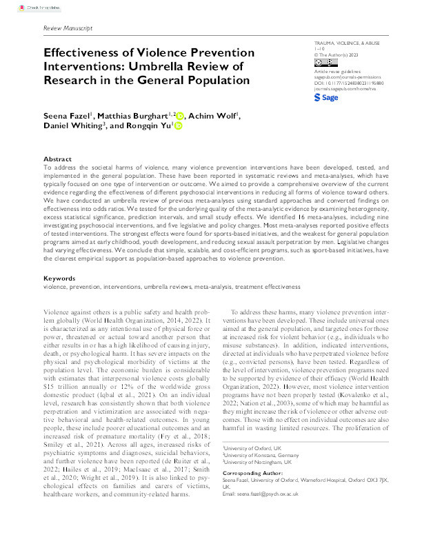 Effectiveness of Violence Prevention Interventions: Umbrella Review of Research in the General Population Thumbnail