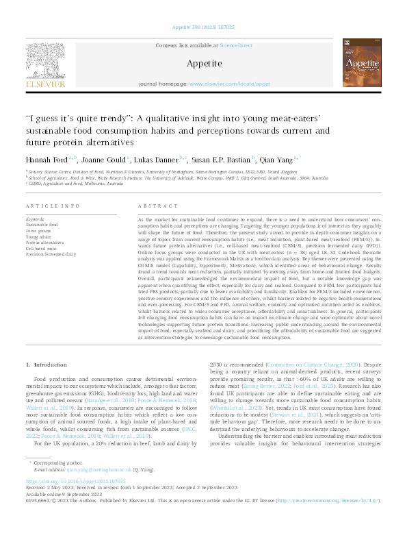 “I guess it's quite trendy”: A qualitative insight into young meat-eaters’ sustainable food consumption habits and perceptions towards current and future protein alternatives Thumbnail