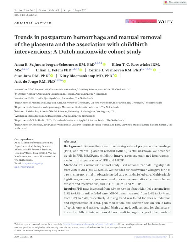 Trends in postpartum hemorrhage and manual removal of the placenta and the association with childbirth interventions: A Dutch nationwide cohort study Thumbnail