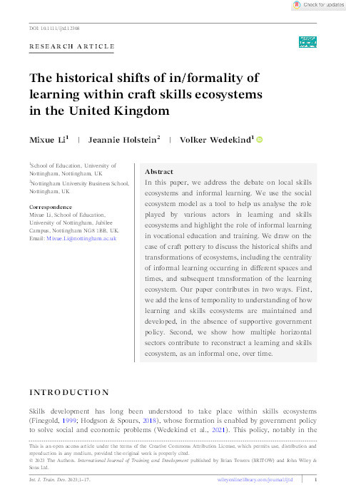 The historical shifts of in/formality of learning within craft skills ecosystems in the United Kingdom Thumbnail