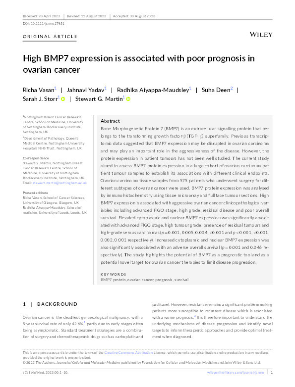 High BMP7 expression is associated with poor prognosis in ovarian cancer Thumbnail