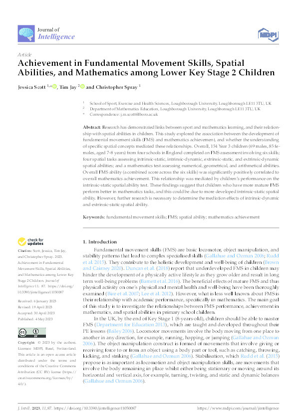 Achievement in Fundamental Movement Skills, Spatial Abilities, and Mathematics among Lower Key Stage 2 Children Thumbnail