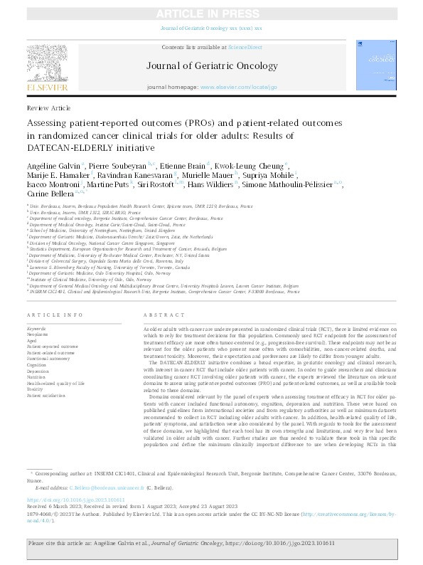 Assessing patient-reported outcomes (PROs) and patient-related outcomes in randomized cancer clinical trials for older adults: Results of DATECAN-ELDERLY initiative Thumbnail