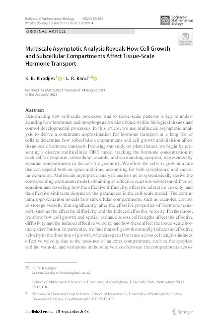 Multiscale asymptotic analysis reveals how cell growth and subcellular compartments affect tissue-scale hormone transport Thumbnail