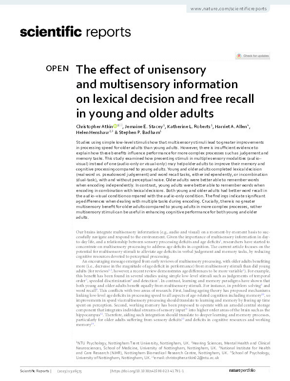 The effect of unisensory and multisensory information on lexical decision and free recall in young and older adults Thumbnail