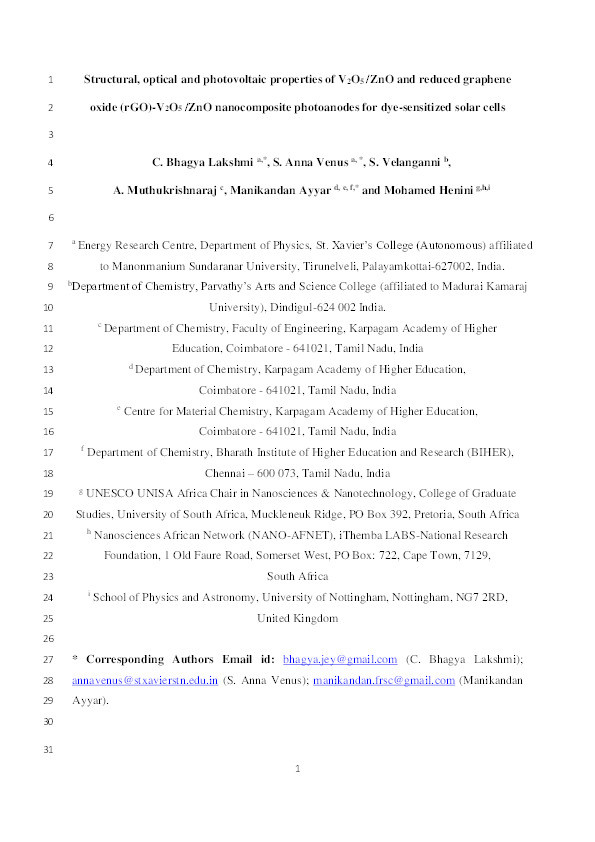 Structural, optical and photovoltaic properties of V2O5/ZnO and reduced graphene oxide (rGO)-V2O5/ZnO nanocomposite photoanodes for dye-sensitized solar cells Thumbnail