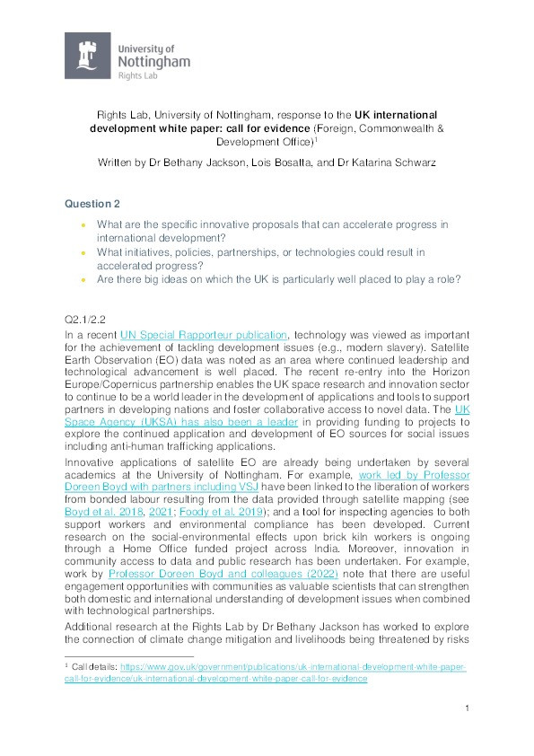 Rights Lab, University of Nottingham, Response to the UK International Development White Paper: Call for Evidence (Foreign, Commonwealth & Development Office) Thumbnail