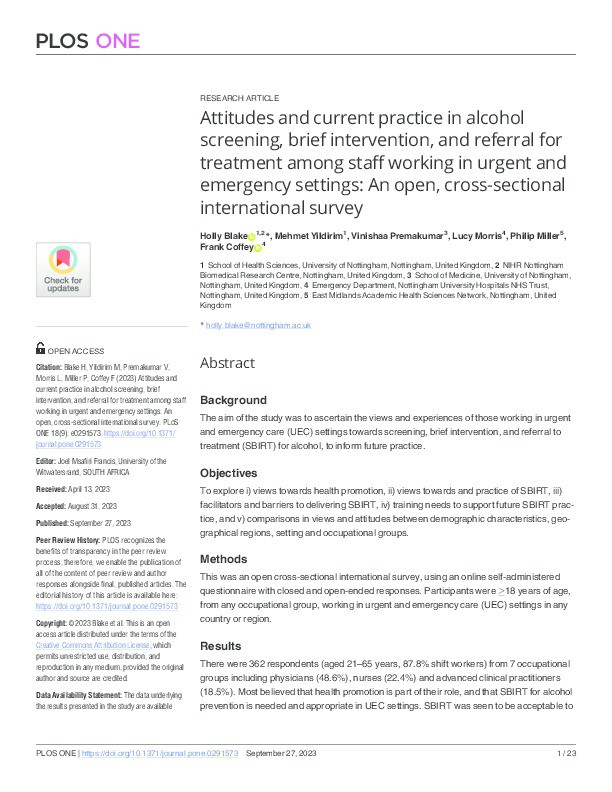 Attitudes and current practice in alcohol screening, brief intervention, and referral for treatment among staff working in urgent and emergency settings: An open, cross-sectional international survey Thumbnail