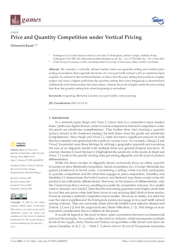 Price and Quantity Competition under Vertical Pricing Thumbnail