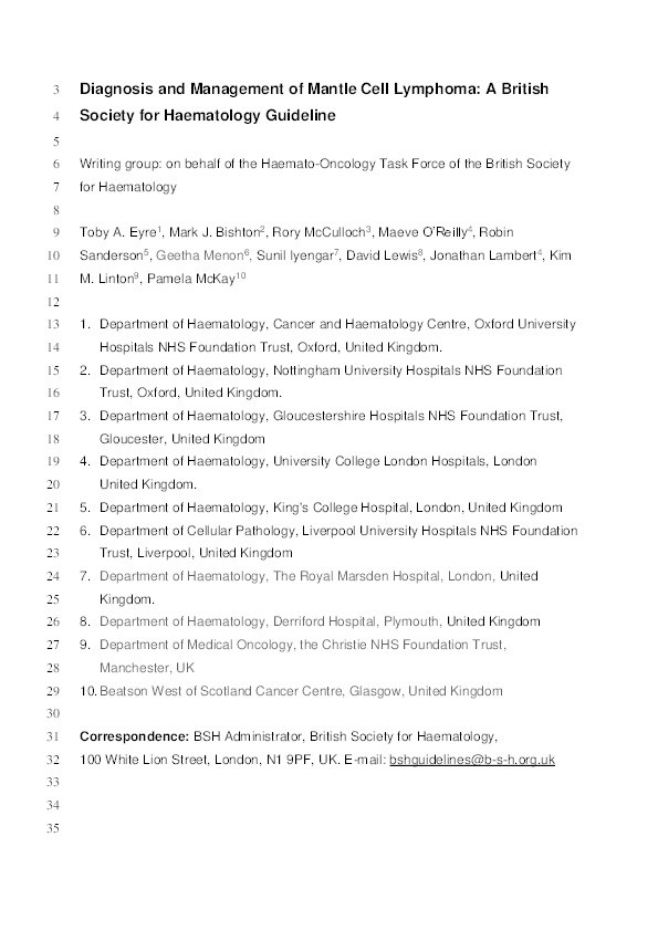 Diagnosis and Management of Mantle Cell Lymphoma: A British Society for Haematology Guideline Thumbnail