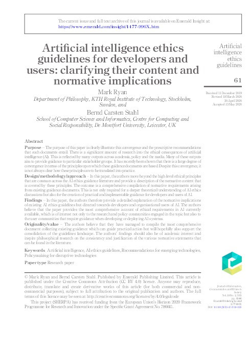 Artificial intelligence ethics guidelines for developers and users: clarifying their content and normative implications Thumbnail