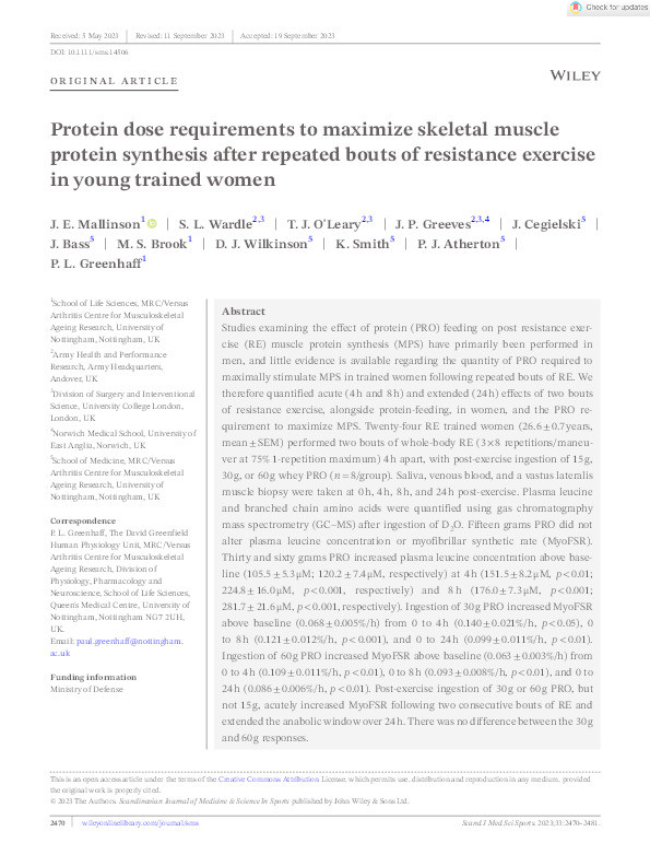 Protein dose requirements to maximise skeletal muscle protein synthesis after repeated bouts of resistance exercise in young trained women Thumbnail