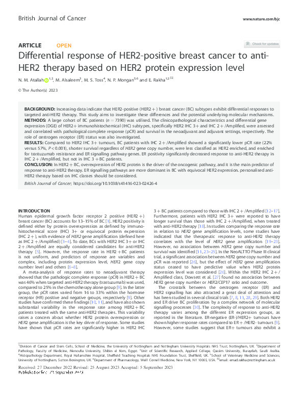 Differential response of HER2-positive breast cancer to anti-HER2 therapy based on HER2 protein expression level Thumbnail