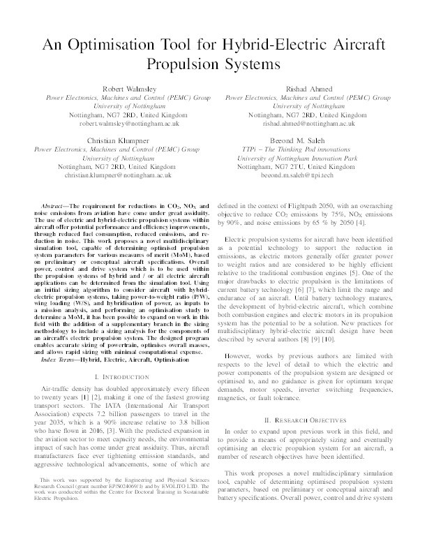 An Optimisation Tool for Hybrid-Electric Aircraft Propulsion Systems Thumbnail