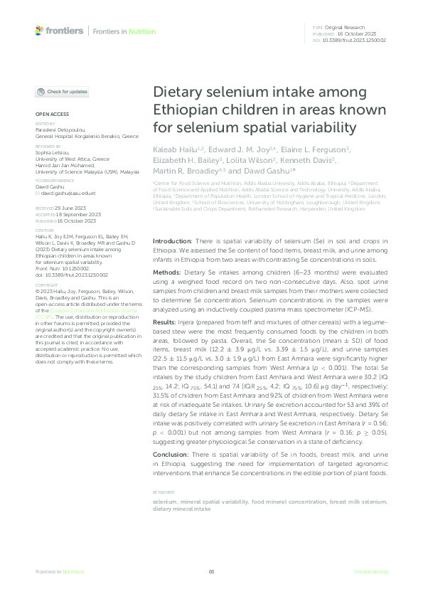 Dietary selenium intake among Ethiopian children in areas known for selenium spatial variability Thumbnail