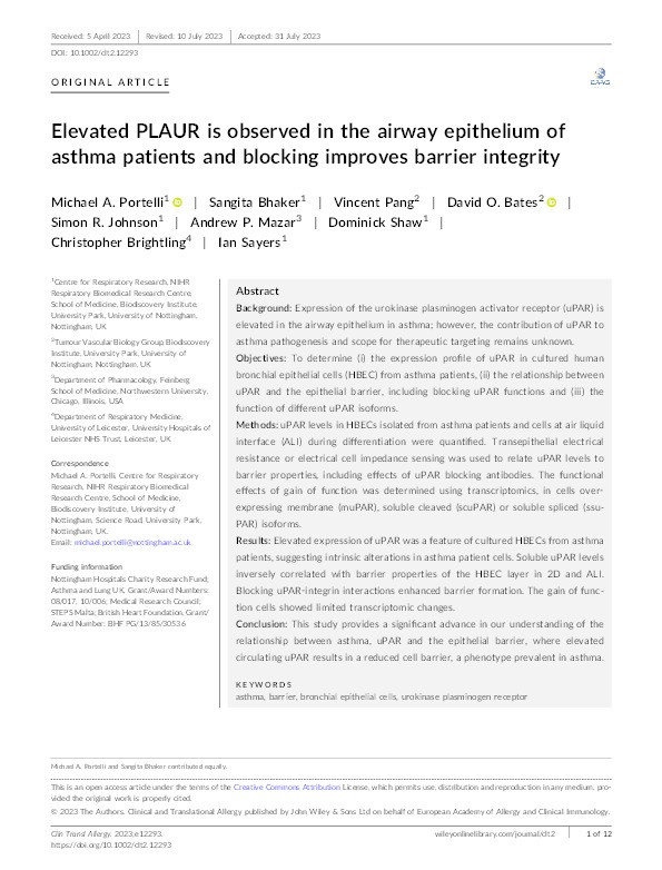 Elevated PLAUR is observed in the airway epithelium of asthma patients and blocking improves barrier integrity Thumbnail