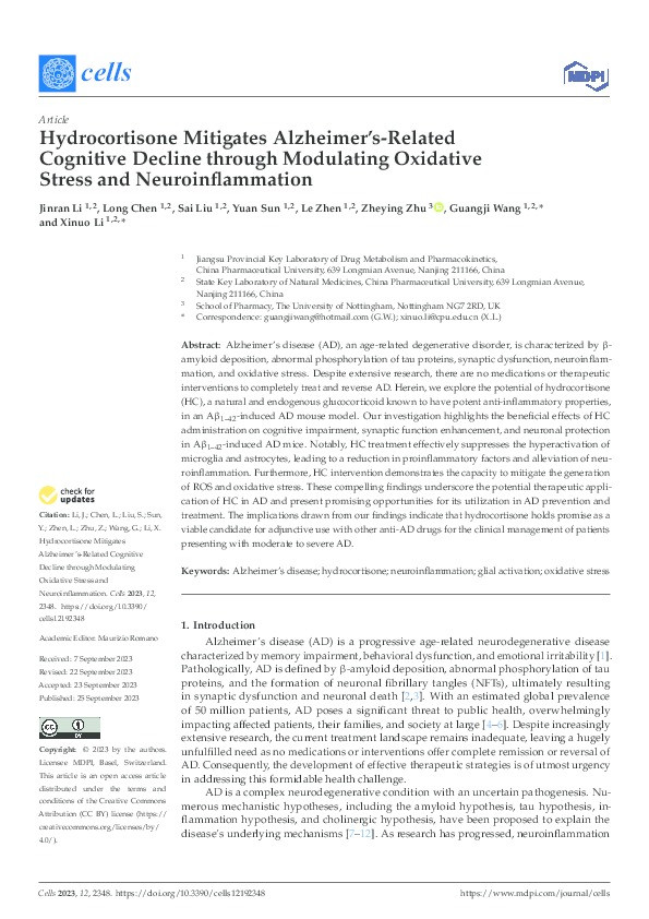 Hydrocortisone Mitigates Alzheimer’s-Related Cognitive Decline through Modulating Oxidative Stress and Neuroinflammation Thumbnail