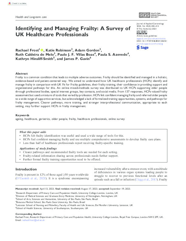 Identifying and Managing Frailty: A Survey of UK Healthcare Professionals Thumbnail