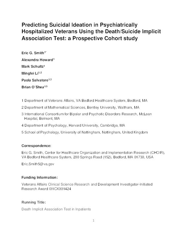 Predicting suicidal ideation in psychiatrically hospitalized veterans using the death/suicide Implicit Association Test: A prospective cohort study Thumbnail