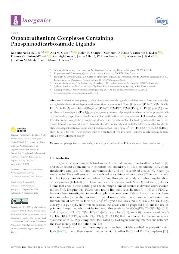 Organoruthenium Complexes Containing Phosphinodicarboxamide Ligands Thumbnail