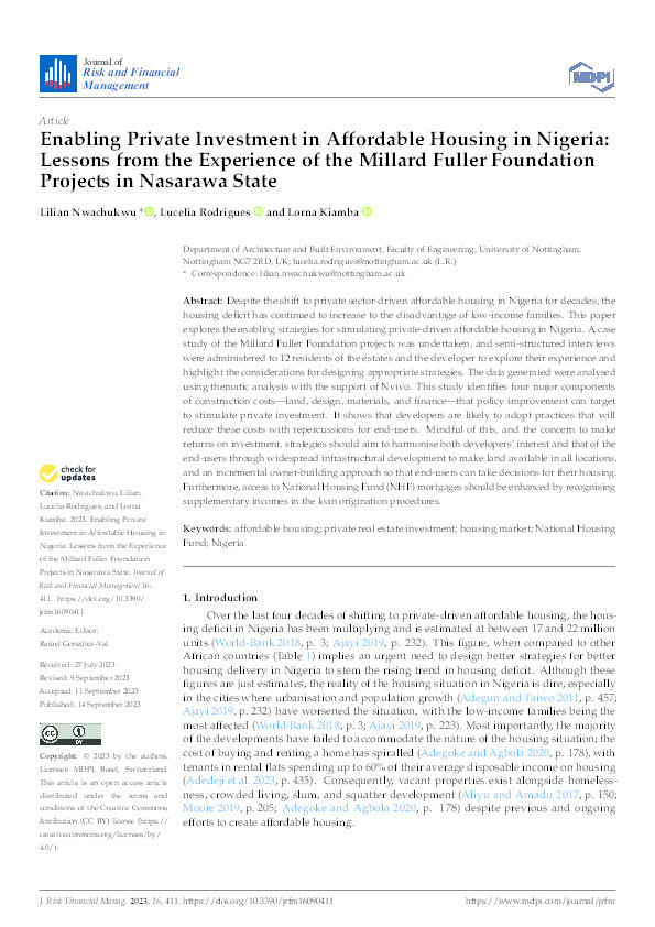 Enabling Private Investment in Affordable Housing in Nigeria: Lessons from the Experience of the Millard Fuller Foundation Projects in Nasarawa State Thumbnail