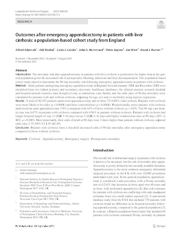 Outcomes after emergency appendicectomy in patients with liver cirrhosis: a population-based cohort study from England Thumbnail