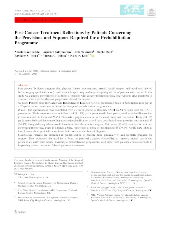 Post-Cancer Treatment Reflections by Patients Concerning the Provisions and Support Required for a Prehabilitation Programme Thumbnail