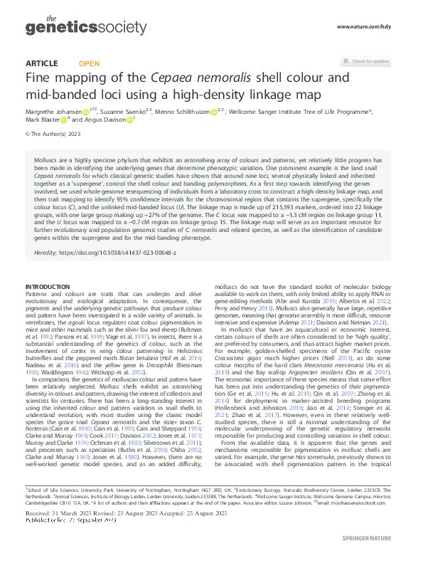 Fine mapping of the Cepaea nemoralis shell colour and mid-banded loci using a high-density linkage map Thumbnail