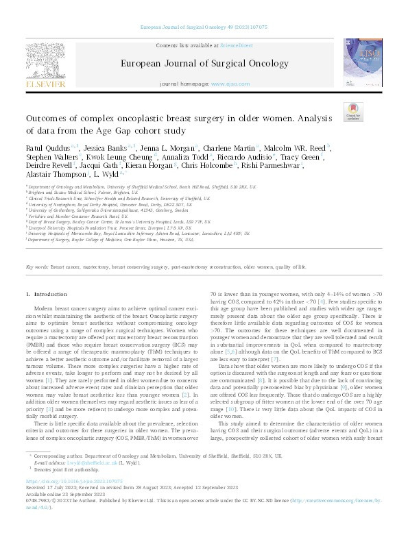 Outcomes of complex oncoplastic breast surgery in older women. Analysis of data from the Age Gap cohort study Thumbnail