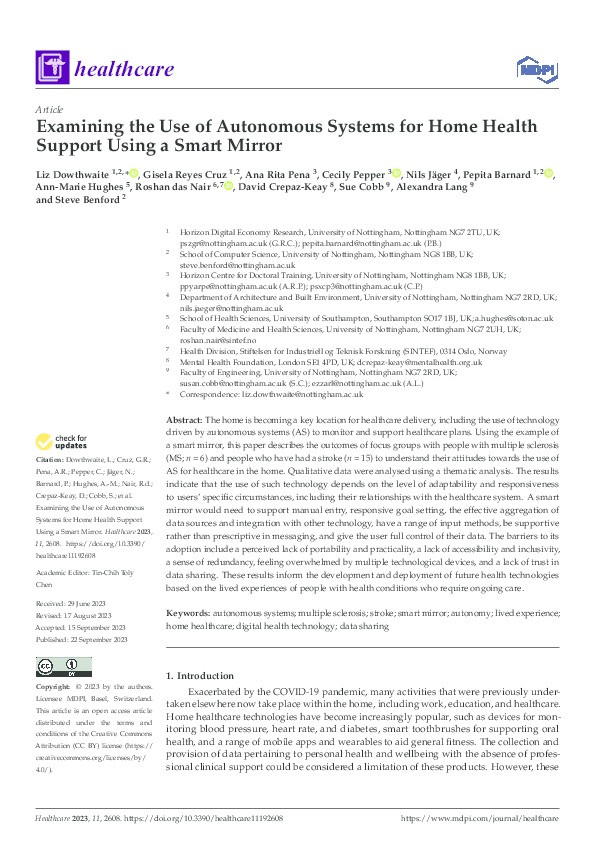 Examining the Use of Autonomous Systems for Home Health Support Using a Smart Mirror Thumbnail