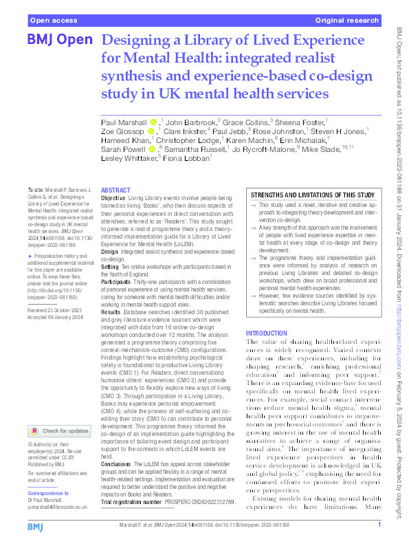 Designing a Library of Lived Experience for Mental Health: integrated realist synthesis and experience-based co-design study in UK mental health services Thumbnail