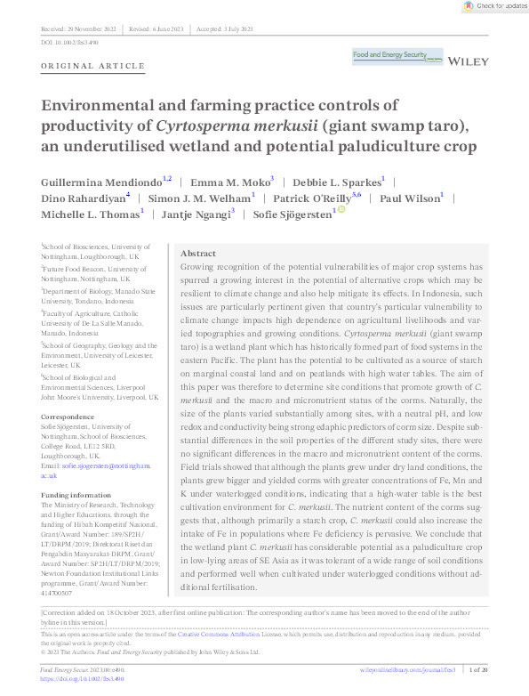 Environmental and farming practice controls of productivity of Cyrtosperma merkusii (giant swamp taro), an underutilised wetland and potential paludiculture crop Thumbnail