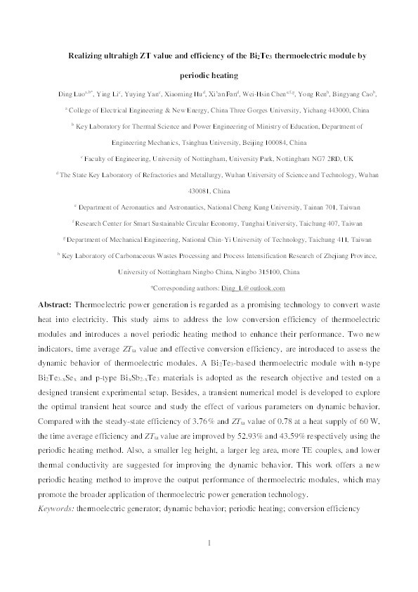 Realizing ultrahigh ZT value and efficiency of the Bi2Te3 thermoelectric module by periodic heating Thumbnail