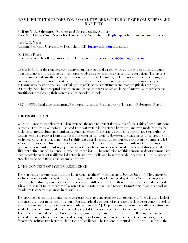 Resilience indicators for road networks: the role of robustness and rapidity Thumbnail