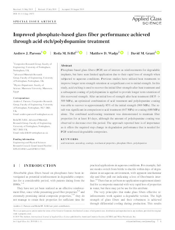 Improved phosphate‐based glass fiber performance achieved through acid etch/polydopamine treatment Thumbnail