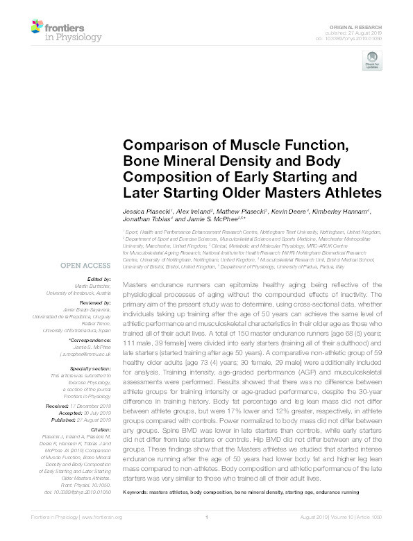 Comparison of Muscle Function, Bone Mineral Density and Body Composition of Early Starting and Later Starting Older Masters Athletes Thumbnail