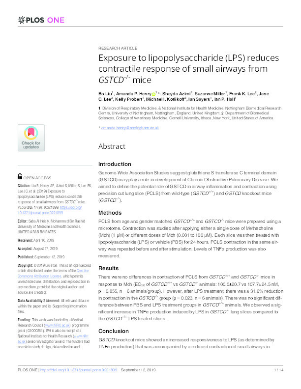 Exposure to lippolysaccharide (LPS) reduces contractile response of small airways from GSTCD+ mice Thumbnail