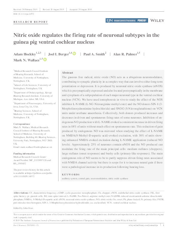 Nitric oxide regulates the firing rate of neuronal subtypes in the guinea pig ventral cochlear nucleus Thumbnail