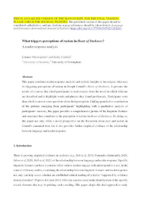 What triggers perceptions of racism in Heart of Darkness? A reader-response analysis Thumbnail