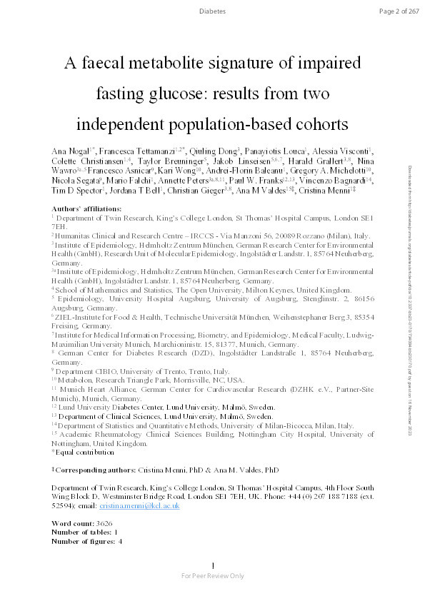 A Fecal Metabolite Signature of Impaired Fasting Glucose: Results From Two Independent Population-Based Cohorts Thumbnail