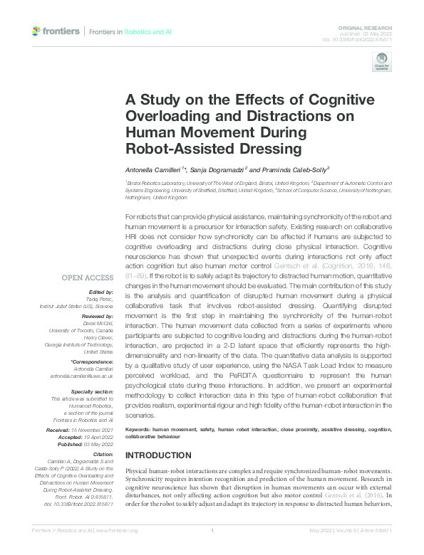 A Study on the Effects of Cognitive Overloading and Distractions on Human Movement During Robot-Assisted Dressing Thumbnail