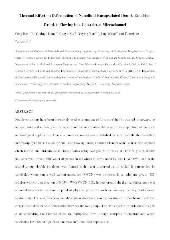 Thermal Effect on Deformation of Nanofluid-Encapsulated Double Emulsion Droplets Flowing in a Constricted Microchannel Thumbnail