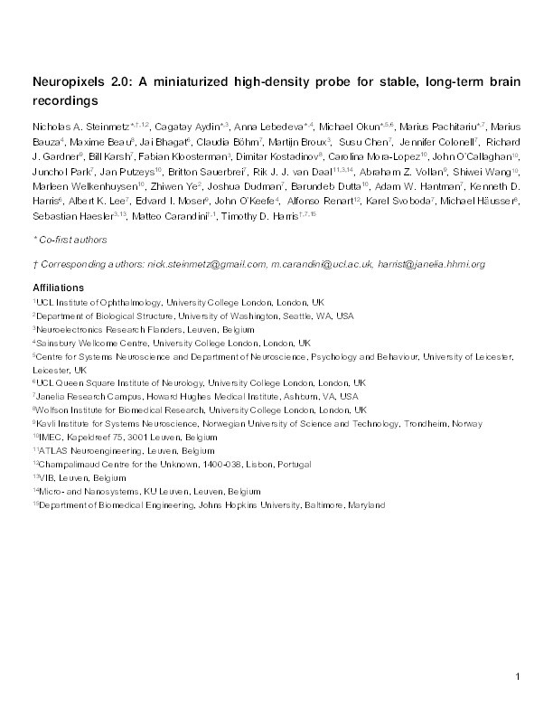 Neuropixels 2.0: A miniaturized high-density probe for stable, long-term brain recordings Thumbnail