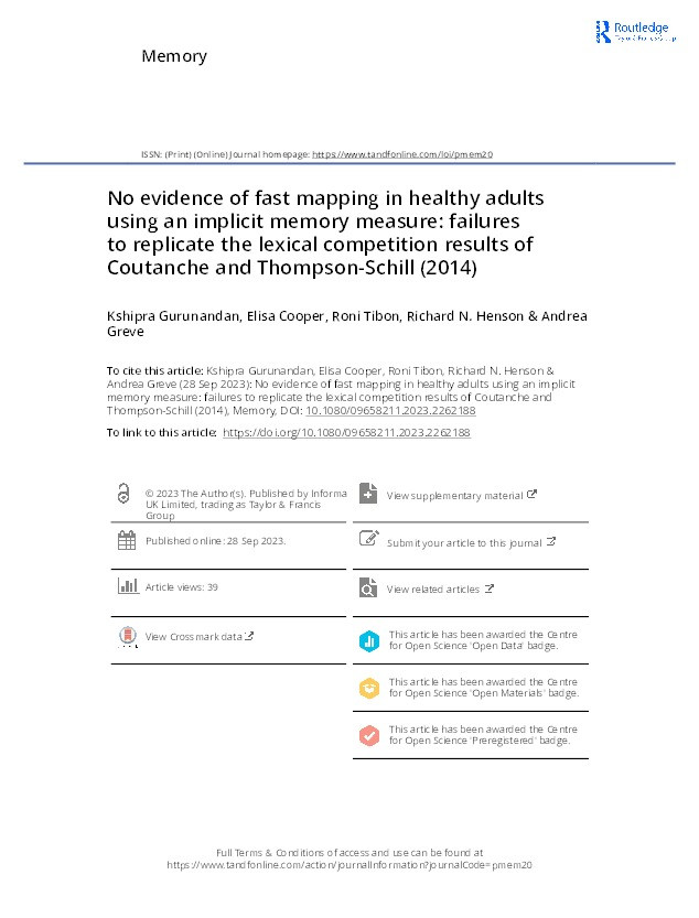 No evidence of fast mapping in healthy adults using an implicit memory measure: failures to replicate the lexical competition results of Coutanche and Thompson-Schill (2014) Thumbnail