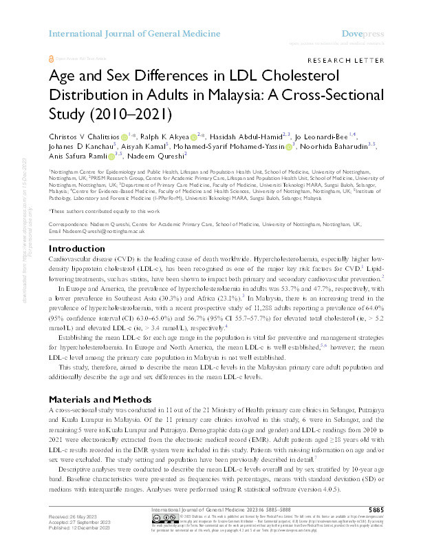 Age and sex differences in LDL cholesterol distribution in adults in Malaysia: A cross-sectional study (2010 -2021) Thumbnail