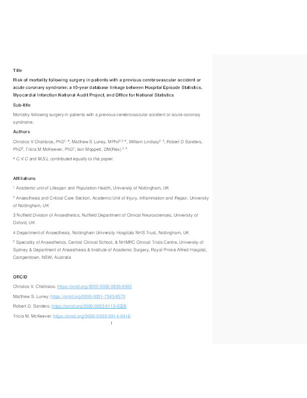 Risk of mortality following surgery in patients with a previous cerebrovascular accident or acute coronary syndrome: a 10-year database linkage between Hospital Episode Statistics, Myocardial Infarction National Audit Project, and Office for National Statistics Thumbnail