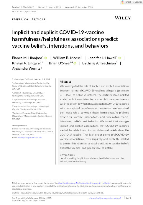 Implicit and explicit COVID‐19‐vaccine harmfulness/helpfulness associations predict vaccine beliefs, intentions, and behaviors Thumbnail