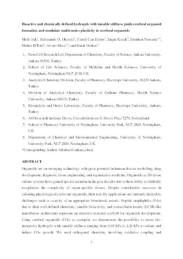 Bioactive and chemically defined hydrogels with tunable stiffness guide cerebral organoid formation and modulate multi-omics plasticity in cerebral organoids Thumbnail